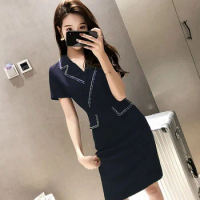 Korean Elegant Business Office Midi Dress Women Solid Turn Down Neck Bodycon Dress Female Casual Work Formal Mini Dress AS503