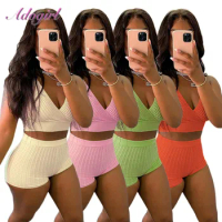 Fitness Rib Knitted Two Piece Set Yoga Tracksuit Solid V Neck Cro Top Tee Biker Shorts Suit Summer Outfit Sportwear Matching Set