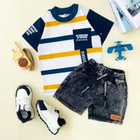 LC - ESTISHOP Setelan baju anak laki laki kaos salur katun 30s stripe bayi celana jeans pendek fashi