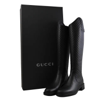 【GUCCI 古馳】經典雙G LOGO天然皮革壓紋後拉鍊時尚長靴(黑 37號)