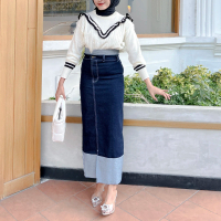 Two Tone Skirt Slimfit Hightwaist Rok Span Wanita Belah DepanFashion Size Upto Xl Jeans Tebal