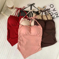 Hot Girl's High-end Wooden Ear Design Halter Neck Beautiful Back Top Women's Lazy Camisole with Chest Pad Tops for Women