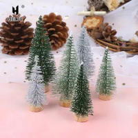 7/9cm DIY Christmas Tree Mini Pine Tree With Wood Base Home Table Top Decor Miniatures