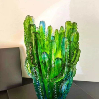 Luxury European Cactus Relief Wax Removal Casting Green All Crystal Vase Flower Set Home Decoration Ornament Accessories Gift