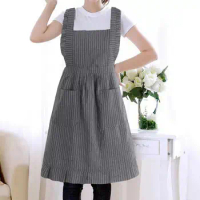 Polyester Cotton Kitchen Apron Double Pocket Striped Shirring Oil-proof A-line Dinner Apron Japan Style Tools For Florist's Shop
