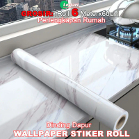 wallpaper dinding dapur 6 meter X 60cm bahan alumunium foil motif marmer putih corak gold dan hitam 