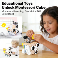 Montessori Wooden Activity Cube & Lock Board | 12-Piece Fine Motor Skills Toys | Baby Sensory Play &