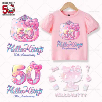 50th anniversary Hello Kitty Printed Stickers Iron on Heat Transfers For Kid Clothes Cartoon Cute Sanrio Thermal on Kids Clothes