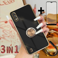 เคสโทรศัพท์ 3 In 1 สำหรับ Samsung A01 พร้อมวงแหวนโลหะ สายคล้องโทรศัพท์ และฟิล์มเซรามิก ม่วง