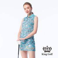 【KING GOLF】實體同步款-女款鎖鏈印花LOGO刺繡涼感背心POLO衫/高爾夫球衫(蒂芬妮藍)