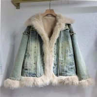 Vintage Y2k Coats Warm Thicken Downy Long Sleeve Design Denim Jackets Winter Casual Loose All Match Women Clothing 2023