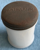 NEW LISTING1 Vintage Milk Glass Jar Mentholatum with Metal Lid 2” Tall