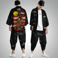 2021 Summer Astronaut Printed Japanese Style Samurai Kimono Pants Suit Streetwear Men Women Cardigan Japan Harajuku Clothes