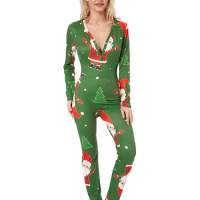 Women Christmas Pajama Print V Neck Long Sleeve Jumpsuits Loungewear Soft Sleepwear for Nightwear