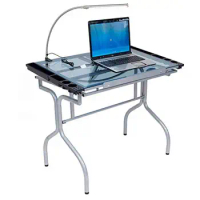Modern Glass Top Drafting Desk Adjustable Drawing Table Studio Craft Station Silver Blue Finish Design