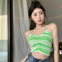 Summer Women Chic Off Crop Pleated V-neck Halter Camis Top Slim Basic Sexy Korean Fashion Stripe Top Corset Bustier