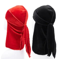 Long Tail Velvet Pirate Hat Cap Pre-Tied Durag Elastic Headwrap Hood Hip Hop Baby Turban Hijab Children