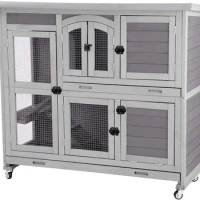 Bunny Cage Rabbit Hutch Indoor Rabbit Cage with Wheels Outdoor Rabbit House with Two Plastic Tray, Foldable Door (Gery)