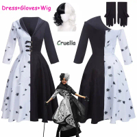 Kostum Cosplay Cruella De Vil 2 Gaya Gaun Wanita Pakaian Pembantu Rumah Hitam Putih Pakaian Pesta Ha