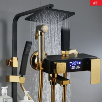 New Digital Display Bathroom Shower System Black Gold Handheld Shower Set Smart Thermostatic Black Shower Head