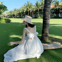 小雛菊白色吊帶裙小心機連衣裙露背沙灘泫雅風ins超仙女長裙子夏