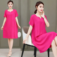 New Lightweight Mom Cotton Silk Dress for 40-50 Years Old, V-Neck, Mid-Summer Color, Plus Size, Bell
