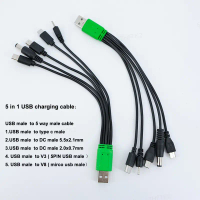 สายชาร์จไฟ USB, 20 ซม., 5 in 1, USB ชายกับ 5 ทาง Type C, DC 5.5x2.1 มม. 2.0x0.7 มม., มินิ 5P V3 V8, 