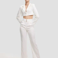 Tesco Women's Suit Blazer And Pants Short Jacket High Waist Straight Pants White Female Sets Casual Clothing conjunto feminino