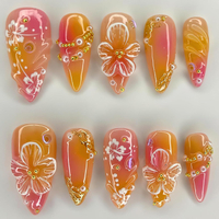 Flower Press on Nails Medium Almond Fake Nails with 3D Flower Designs Glossy Orange Pink Gradient Fa