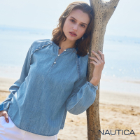 Nautica 女裝 捲邊設計牛仔七分袖襯衫-藍色