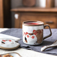 手繪風貓咪馬克杯塗鴉馬克杯小盤點心盤陶瓷湯匙泡茶具陶瓷杯-三件套【AAA4356】