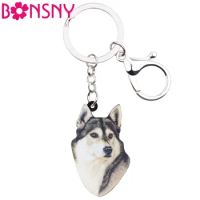 Bonsny Acrylic Cartoon Siberian Husky Dog Key Chains Keyrings Cute Animal Jewelry For Women Girl Ladies Handbag Charms Gift Bulk