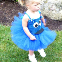 Blue Cookie Monster Tutu Dress for Girls Halloween Costume Cartoon Tulle Kids Birthday Carnival Party Dresses Children Clothing