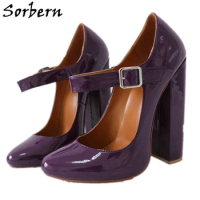 Sorbern Mary Janes Block Heel Women Pump Round Toe High Heel Lady Shoes Chunky 12cm 15cm Plus Size 33-48 Custom Colors