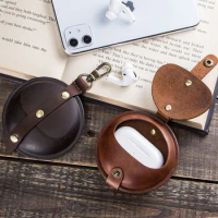 Vintage Leather airpods Pro protective case Crazy Horse Leather round multifunctional apple airpods4 Bluetooth headset case