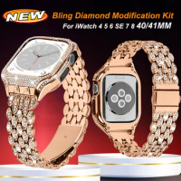 Bling Diamond Modification Kit Case+Strap For Apple Watch Band 41mm 40mm Women Fashion Metal Bracelet For iWatch SE 6 7 8 Cover