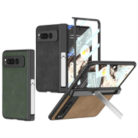 Magnetic Hinge With HD Glass Screen All-inclusive Shockproof Protect Case For Google Pixel Fold Nubuck Leather Kickstand Cover