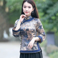 Cheongsam Women's Plus Size Stand Collar Tops 2024 Autumn Cotton Blend Prints Tradition Chinese Style Hanfu Qipao Shirts Woman
