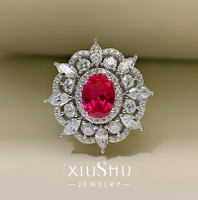 XIUSHU高定復古人工紅寶石戒指高碳鉆科技石純銀鑲嵌奢華小眾款