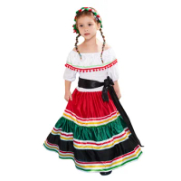 Retro Girl's Mexican Dress Cosplay Halloween Costume For Kids Mexico Traditional Senorita Dance Carnival Party Performance Dress