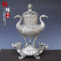 古董新款十品 明宣德款白銅龜鶴延年熏香爐 家居香具禪意擺件收藏