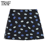 TRAF 2024 Print Mini Skirts for Women High Waist Pleated Skirt Women Contrast Short Women's Skirts Streetwear Retro Skort Women