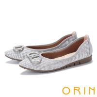 【ORIN】造型飾釦千鳥格紋布尖頭平底鞋(灰色)