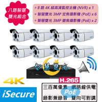 【iSecure】八路智慧雙光監視器組合:一部八路 4K 超高清監控主機+八部智慧雙光 3MP 子彈型攝影機(PoE)