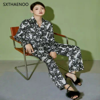 SXTHAENOO Women's Pijama Long Sleeve Fashion Print Female Loose Trouser Suit Ice Silk Pajama For Female Sleepwear Pijama Mujer