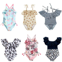 1-5 Yrs Summer Baby Printing Swimsuit for Girls Skinny One-piece Beach Bikini Swimwear Cute Cartoon Kids Swimming Outfits