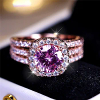 Luxury Female Small Pink Round Zircon Stone Engagement Ring Trendy Rose Gold Color Bride Wedding Jewelry Gift For Women