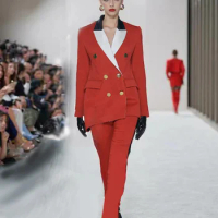 Tesco Fall Winter Women's Suit Blazer Patchwork Long Sleeve Office Lady Jacket+Trousers Slim Red Outfits conjunto femininos