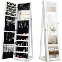 CHARMAID Standing Jewelry Armoire with Higher Full Length Mirror, 2-in-1 Lockable Jewelry Cabinet Organizer with Large Storage