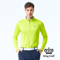 【KING GOLF】男款薄款立領拉鍊線條幾何圖形長袖POLO衫/高爾夫球衫-亮綠色